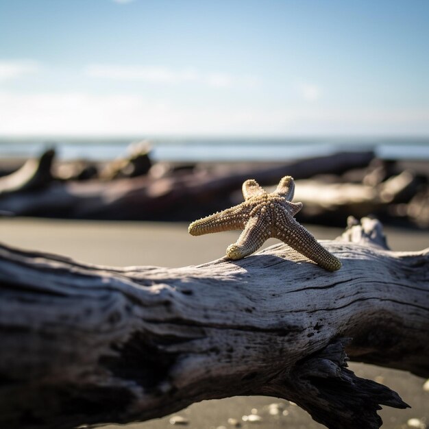 Una estrella de mar se sienta en un tronco en la playa.