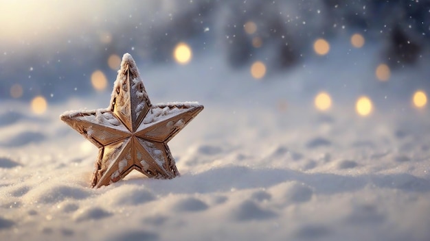 Foto estrella de navidad en la nieve con fondo bokeh concepto de año nuevo