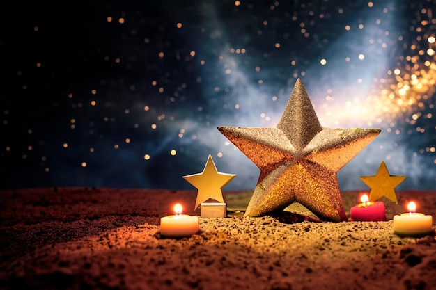 Estrella de Navidad en un suelo de tierra y velas en el fondo de un espacio de cielo estrellado para el texto