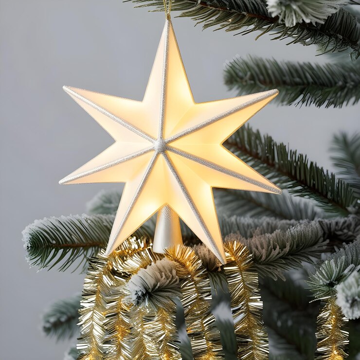 La estrella reluciente en la cima del árbol de Navidad en la rama helada