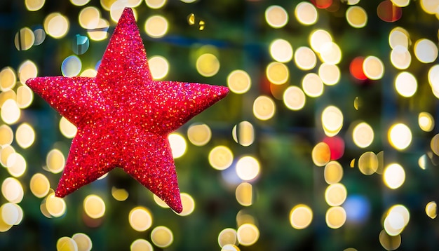 Foto estrella roja del árbol de navidad con luces bokeh