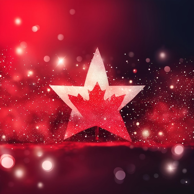 Una estrella roja con una hoja de arce canadiense en ella