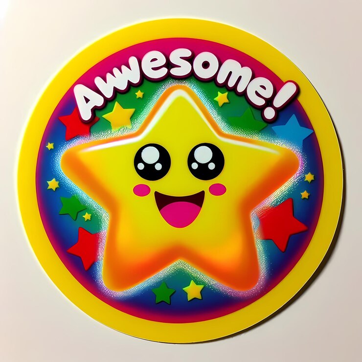 estrella sonriente con ojos brillantes con pegatina de recompensa