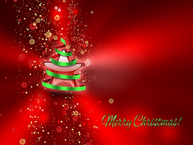 Estrella en traje de árbol de Navidad sobre un fondo rojo.