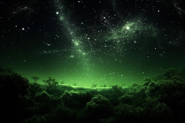 Estrella verde brillante en planetas de galaxias oscuras de campo estelar en un espacio libre generado por IA