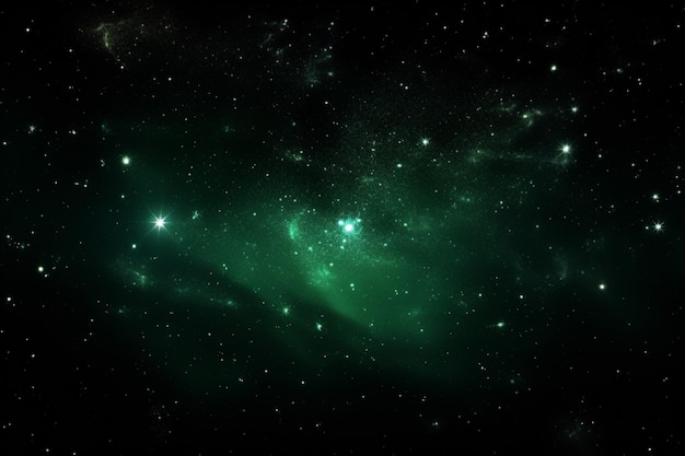 Estrella verde brillante en planetas de galaxias oscuras de campo estelar en un espacio libre generado por IA