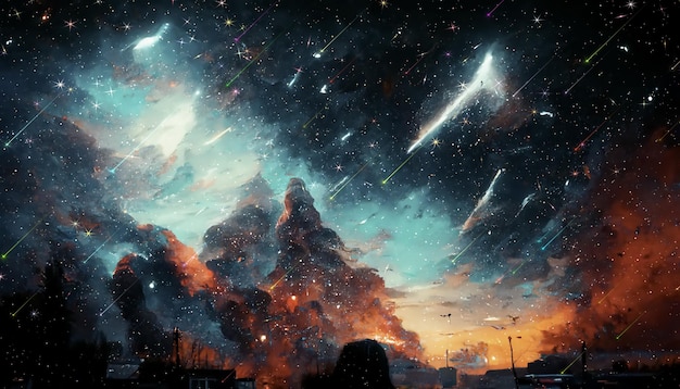 estrella viento futurista ciudad nocturna luz borrosa bajo dramático cielo azul estrellado caída de estrellas cósmico