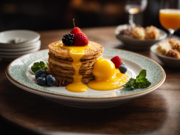 Estrellado Michelin y desayuno de primera calidad en un restaurante de alta calidad fotografía cinematográfica de comida