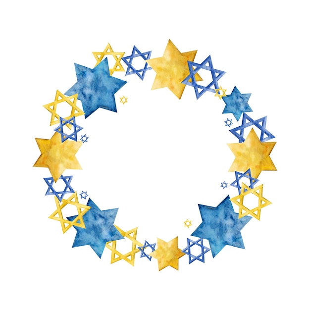 Estrellas de acuarela de marco de círculo azul y amarillo de David para diseños y blogs de festividades judías