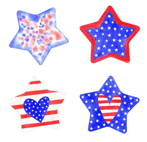 Estrellas acuarelas en los colores de los símbolos americanos Conjunto de estrellas ubicadas sobre fondo blanco Para el diseño de tarjetas navideñas, pegatinas, pancartas, volantes, logotipos y otras impresiones