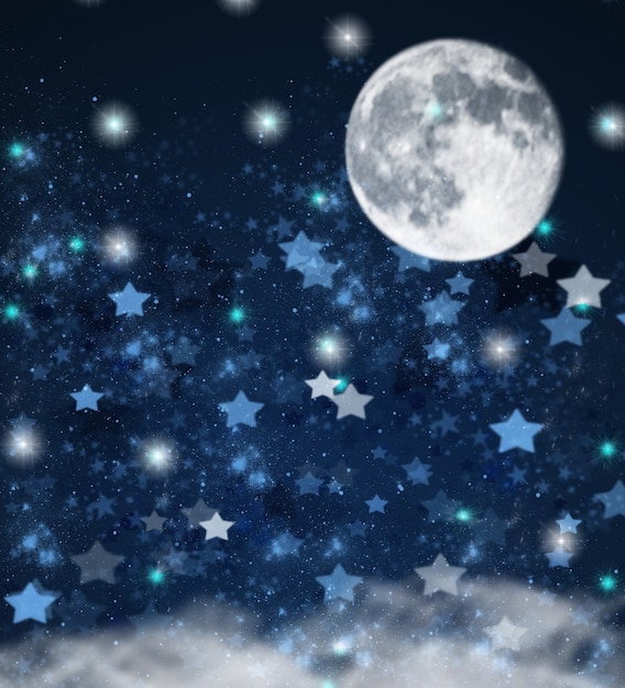 Foto estrellas azules de navidad y año nuevo en azul con fondo de luna llena y nubes