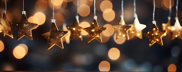 Estrellas y bola de Navidad colgando ornamento con bokeh ligero en la noche oscura fondo abstracto IA generativa