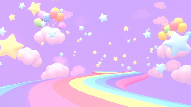 Estrellas y camino de arco iris de dibujos animados 3D prestados