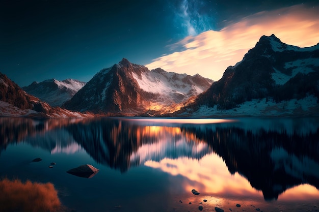 Estrellas del cielo nocturno sobre el lago de la montaña Ilustración Fondo natural de la hermosa montaña y el lago en la galaxia de la noche estrellada