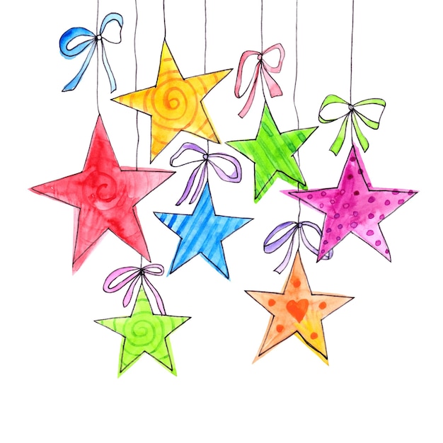 Estrellas colgantes Cenefa decorativa Ilustración festiva dibujada a mano