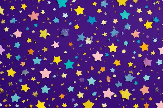 Foto estrellas de confeti de colores sobre un fondo púrpura