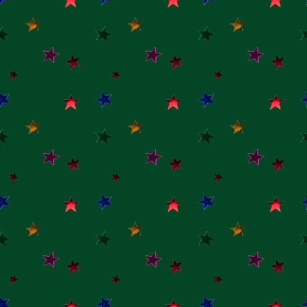 Estrellas de confeti multicolor sobre fondo verde de patrones sin fisuras