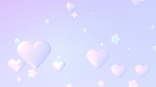 Estrellas y corazones plateados brillantes de dibujos animados en 3D