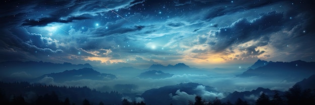 Las estrellas cósmicas arden intensamente en el cielo nocturno Vista de las estrellas con nubes a través de los árboles en el bosque o sobre la ciudad IA generativa