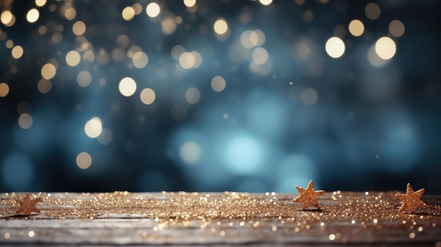 Estrellas doradas brillantes en una superficie de madera con un fondo de luces bokeh adecuado para festivos o h