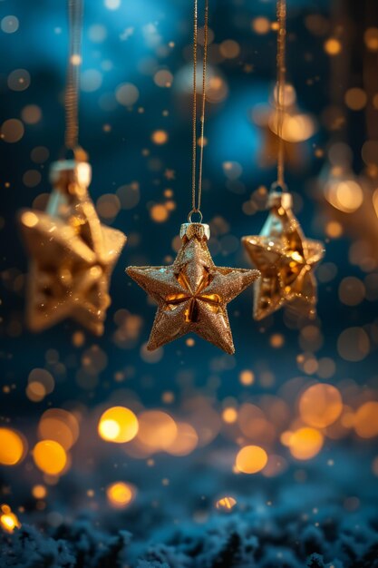 Foto las estrellas doradas tridimensionales cuelgan del árbol de navidad.