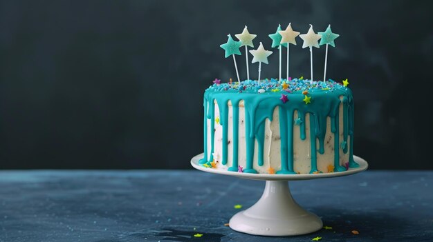 Con estrellas de ganache azul y velas divertidas sobre un fondo azul oscuro este pastel de cumpleaños es blanco y gotea con ganache azul