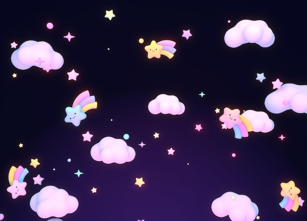 Estrellas kawaii renderizadas en 3d con colas de arco iris en el cielo nocturno