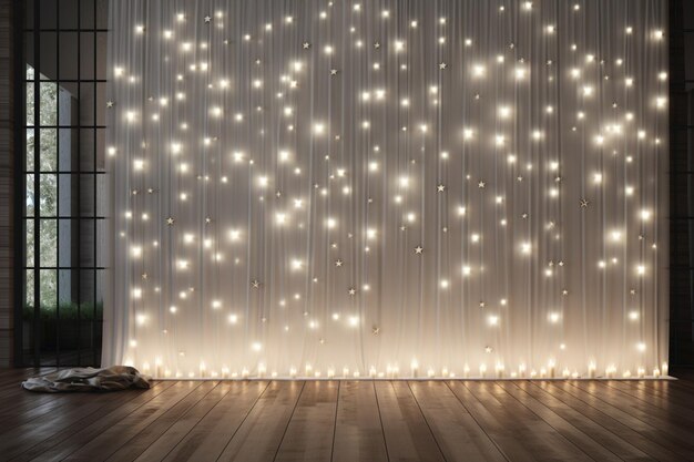 Estrellas luminosas y azulejos blancos suaves y lámpara Decoración para la zona fotográfica Fondo de vacaciones Diseño de zona fotográfica para niños Foto de alta calidad