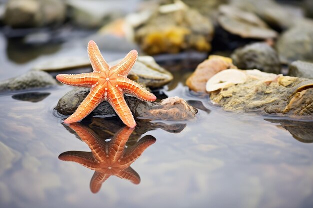 Estrellas de mar cerca de la superficie reflectante de una piscina de marea