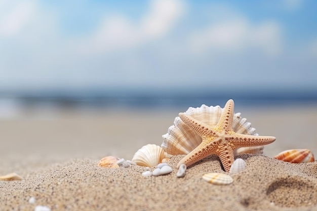 Estrellas de mar y conchas en la arena con una playa paradisíaca en el fondo Copia espacio verano concepto Ai generativo