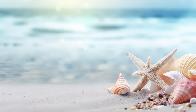 Estrellas de mar y conchas marinas en la arena blanca junto al mar