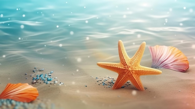 Estrellas de mar y conchas marinas en la playa de verano en agua de mar Fondo de verano Hora de verano Generativo Ai