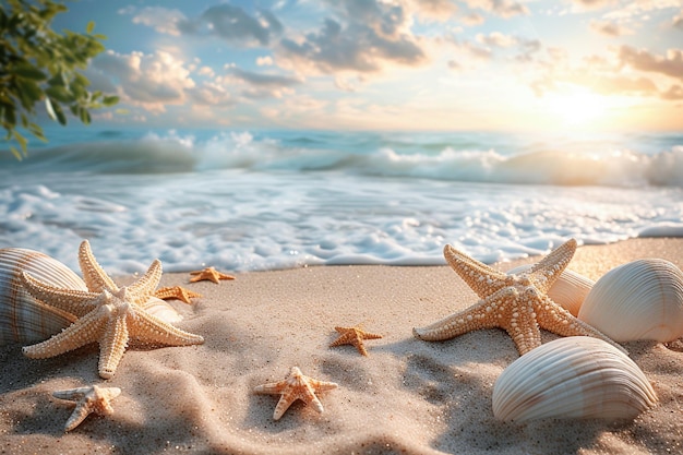 Foto estrellas de mar y conchas en una playa soleada con aguas cristalinas