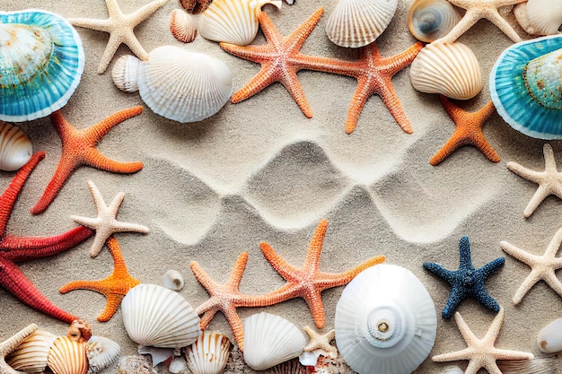 Estrellas de mar y conchas en una playa