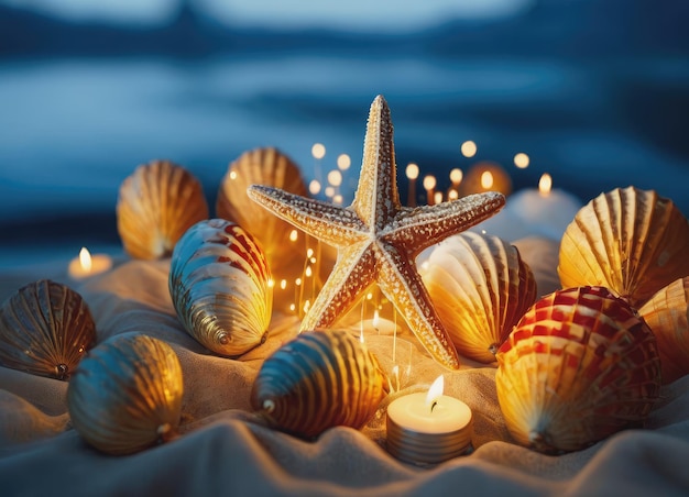 Las estrellas de mar y las conchas Los tesoros costeros adornan las playas de arena