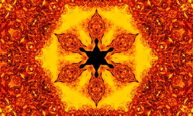 Estrellas de rayos naranjas en el patrón de textura retro negro de los años 70. Fondo de caleidoscopio único abstracto. Hermoso caleidoscopio de patrones sin fisuras. Textura de caleidoscopio sin fisuras