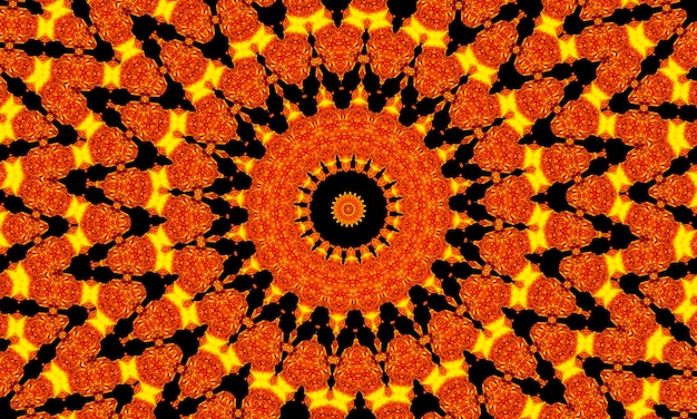 Estrellas de rayos naranjas en el patrón de textura retro negro de los años 70. Fondo de caleidoscopio único abstracto. Hermoso caleidoscopio de patrones sin fisuras. Textura de caleidoscopio sin fisuras.