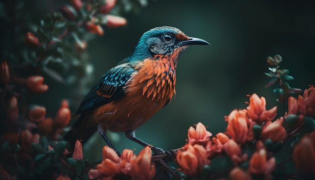 Estrello vibrante posado en una rama rodeado de belleza natural generada por la IA