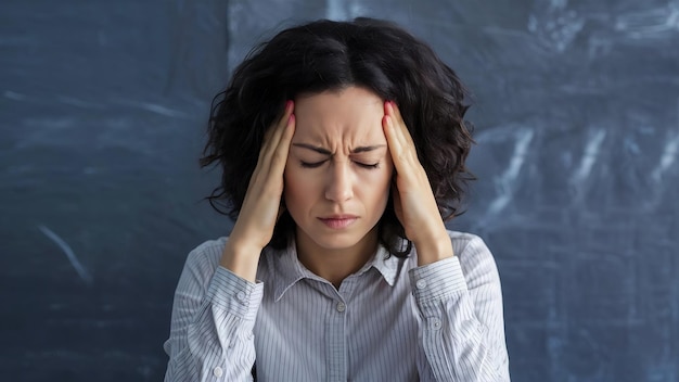 Foto estrés mujer con dolor de cabeza por migraña sosteniendo su cabeza en dolor y estrés