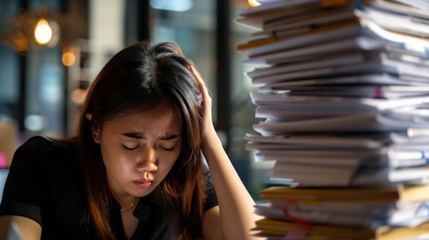 estressado enxaqueca louco jovem confiante mulher de negócios asiática trabalhador de escritório pessoas trabalhando com pilhas de papéis documentos inacabados de contabilidade