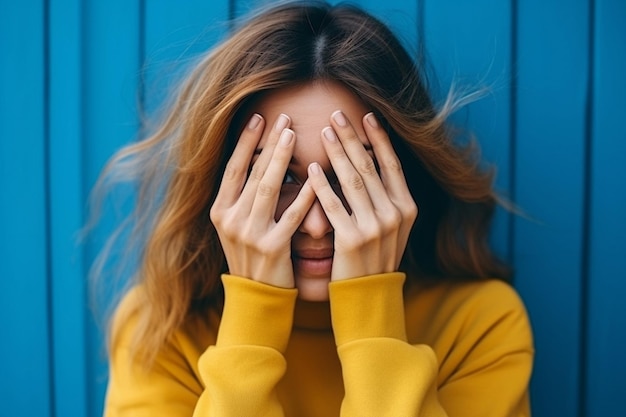 Foto estresse cobertura da cabeça muito estressado pessoa branca fundo uma expressão preocupada mão emoção feminina retrato caucasiano beleza jovem medo rosto triste mulheres assustadas