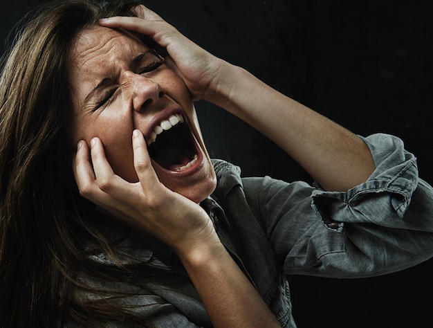 Estresse facial e horror com mulher gritando em estúdio em fundo preto para reação ao medo Fobia saúde mental e colapso com jovem assustado no escuro para drama pesadelo ou terror