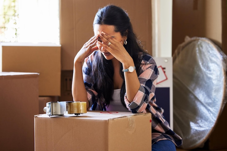 Foto estresse mulher e mudança de casa com dor de cabeça caixas e ansiedade cansado e embalagem falida e crise de dívida pessoa feminina frustrada e apartamento esgotamento e problema de propriedade ou empréstimo hipotecário