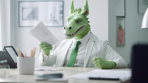 Estricto dragón verde está contratando a un dragón de trabajo con papeles que tiene una llamada telefónica como jefe