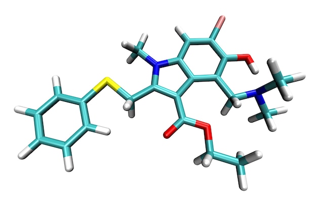 Estructura 3D de Umifenovir, un fármaco antiviral contra el coronavirus COVID-19 y la influenza