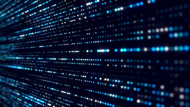 Estructura abstracta de puntos azules con luz sobre un fondo negro Telón de fondo científico con partículas en movimiento Transferencia digital de grandes datos Renderización 3D