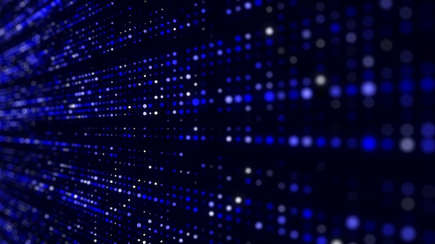 Estructura abstracta de puntos azules con luz sobre un fondo negro Telón de fondo científico con partículas en movimiento Transferencia digital de grandes datos Renderización 3D