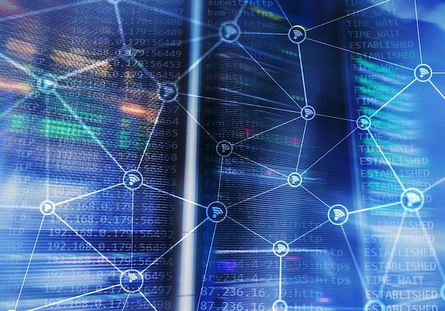 Estructura abstracta de la red Wi-Fi en el fondo de la sala de servidores moderna