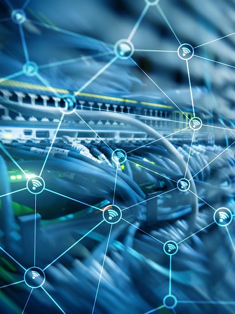 Estructura abstracta de la red wifi en el fondo de la sala de servidores moderna