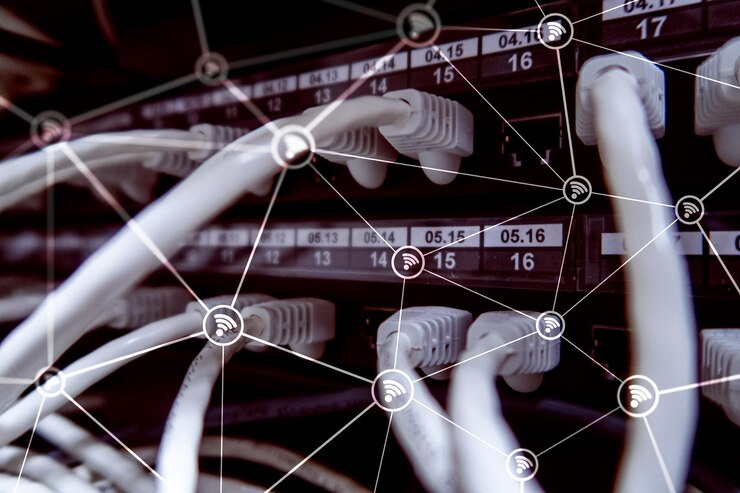 Foto estructura abstracta de la red wifi en el fondo de la sala de servidores moderna